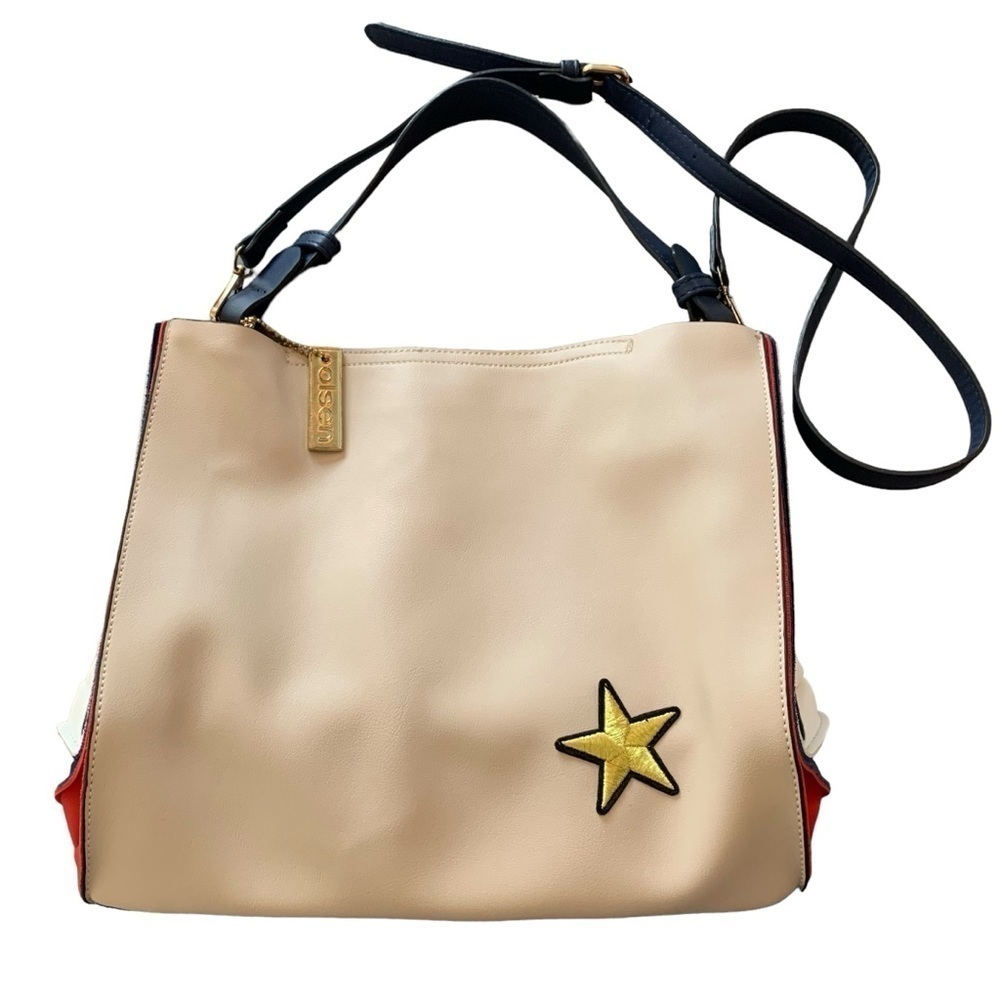 Olsen Europe Leather Ivory Red Blue Large  Purse Shoulder Bag Crossbody Star